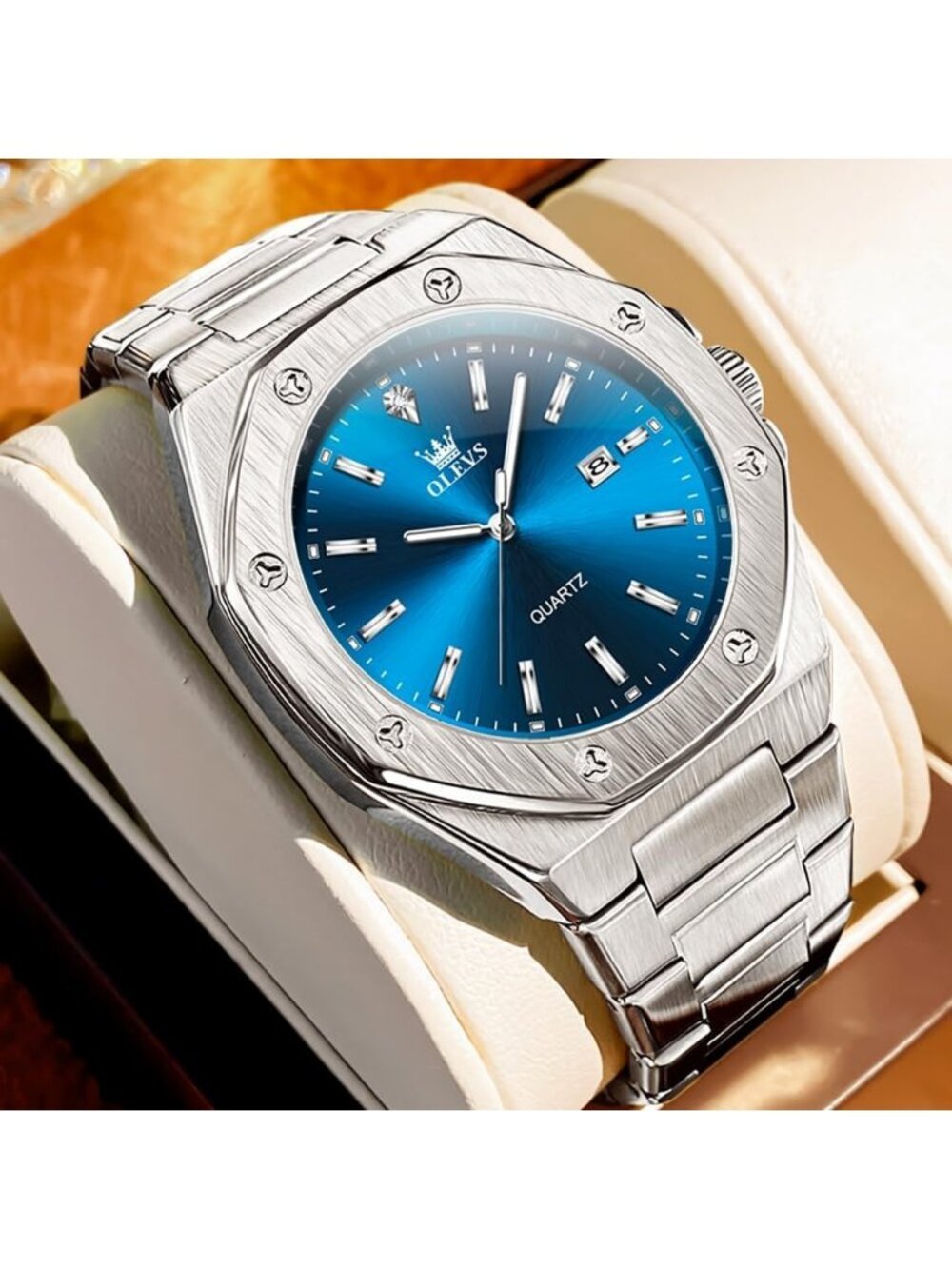 Men's Silver Blue Luxury Stainless Steel Octagon Analog Quartz Waterproof Watch - Picture 3 of 6